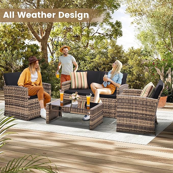 4-Piece Patio Furniture Set, Wicker Outdoor Rattan Sectional Sofa with Cushions and Glass Table, All-Weather Outdoor Conversation Set, Ideal for Garden, Porch, Backyard, Black