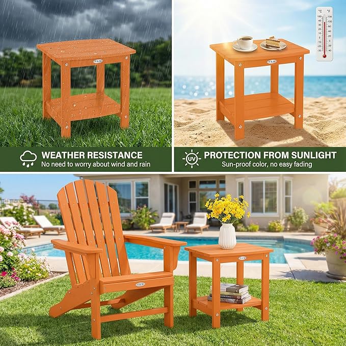 Y&M Outdoor Side Table, HIPS Adirondack Small Double Layer Table, Waterproof Square Outside Table, Balcony End Tables for Patio, Pool, Porch, Deck, Indoor or Outdoor Use, Orange