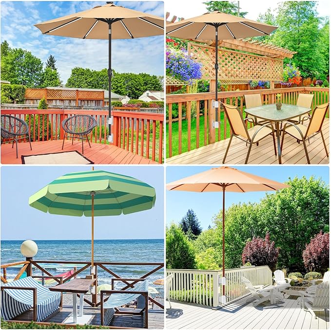 Heavy Duty Deck Railing Umbrella Holder, Patio Umbrella Stand for 1-2 Inch Poles, Space-Saving Design, Secure & Sturdy Post Flat Mount for Deck Railing, Balcony, Outdoor Courtyard, White