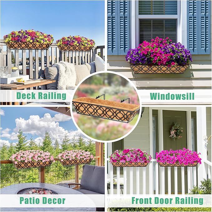 6pcs 24 Inch Window Deck with Coco Liner, 24" Window Boxes Horse Trough with Coconut Coir Liner, Metal Hanging Flower Planter Window Basket Deck Railing Planter Boxes for Outdoor Indoor Lawn