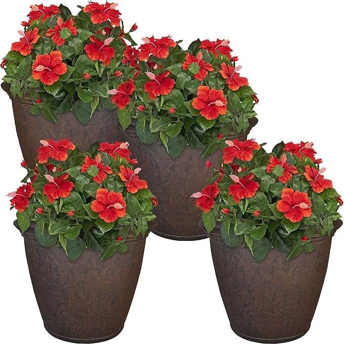 Sunnydaze 24-Inch Anjelica Large Plastic Pot for Plants - Outdoor Double-Walled Large Plastic Planter with Drillable Drainage Holes - Rust - 4pk