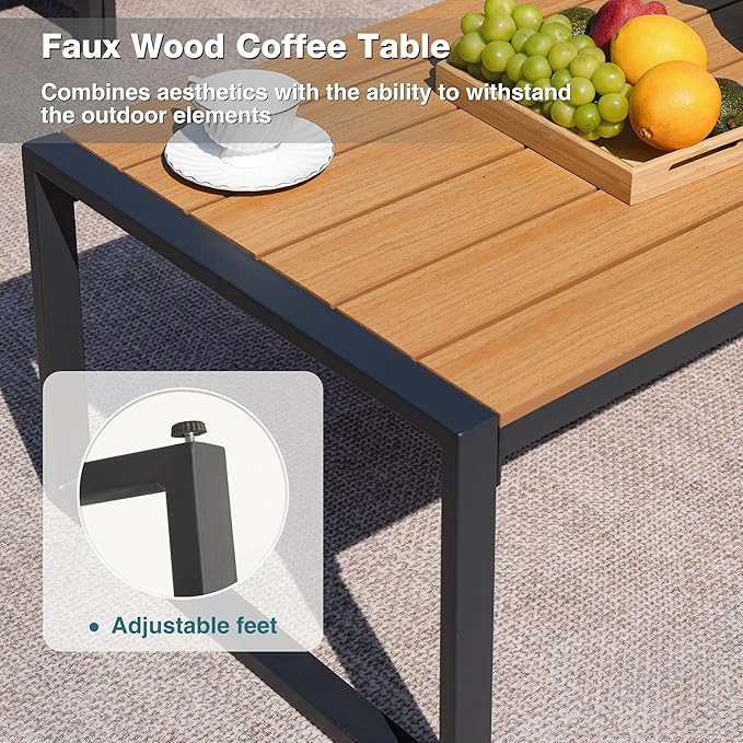 Patio Furniture Set, 4 Pieces Outdoor Furniture Patio Conversation Set with High Back, Faux-Wood Armrest and Tabletop, Outdoor Couch Patio Sofa Set for Balcony, Porch, Backyard, Grey