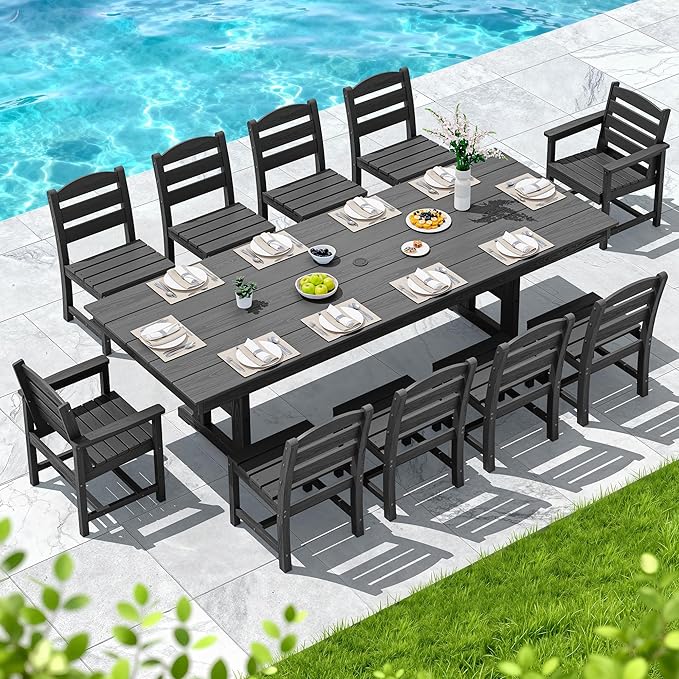 SERWALL 11 Piece Outdoor Dining Set, 84" HDPE Outdoor Table and Chairs for 10，All Weather Patio Furniture Set with Umbrella Hole for Backyard, Garden, Black