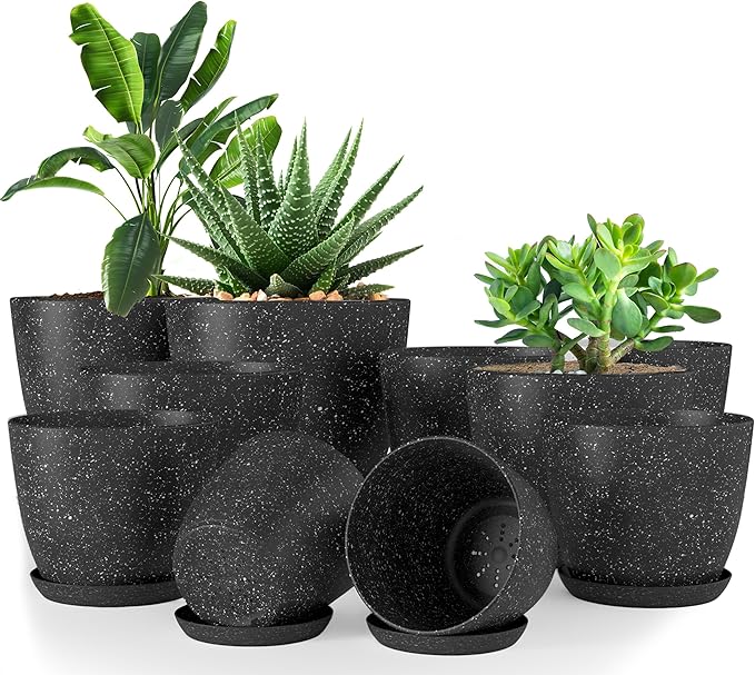 Utopia Home - Spotty Plant Pots Indoor with Drainage - 7/6.6/6/5.3/4.8 Inches Flower Pots - 10 Pack Plastic Planters - Ideal for Stocking Stuffers - (Speckled Black, Pack of 10)
