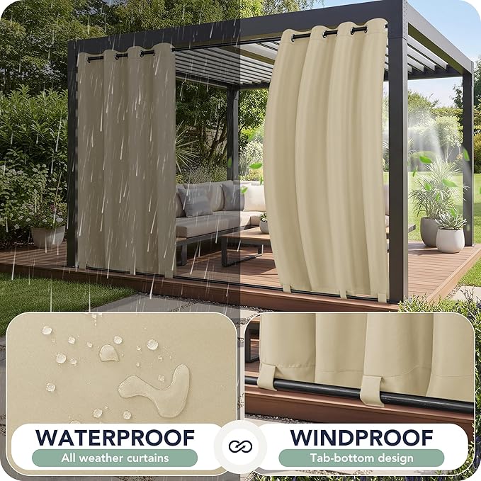 Outdoor Curtains for Patio Waterproof 6 Panels - Windproof, Privacy, Weatherproof Outside Drapes for Gazebo Pergola Porch, Grommet Top and Tab Bottom, 54x108 Inch, Cream