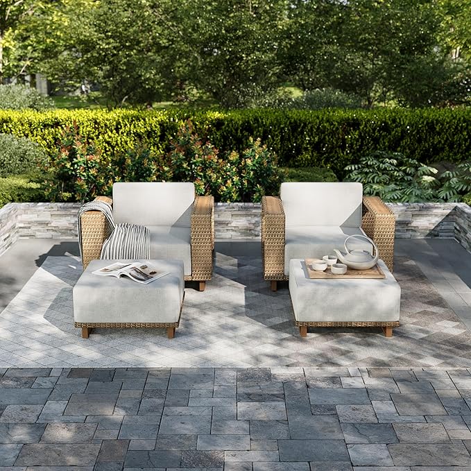 HERA'S HOUSE 4 Pieces Patio Furniture Set, 2 Outdoor Rattan Wicker Armchairs Set with 2 Ottomans, All Weather Patio Conversation Set with 5.3" Widened Armrest, 10" Ultra Thick Comfy Sponge Cushion