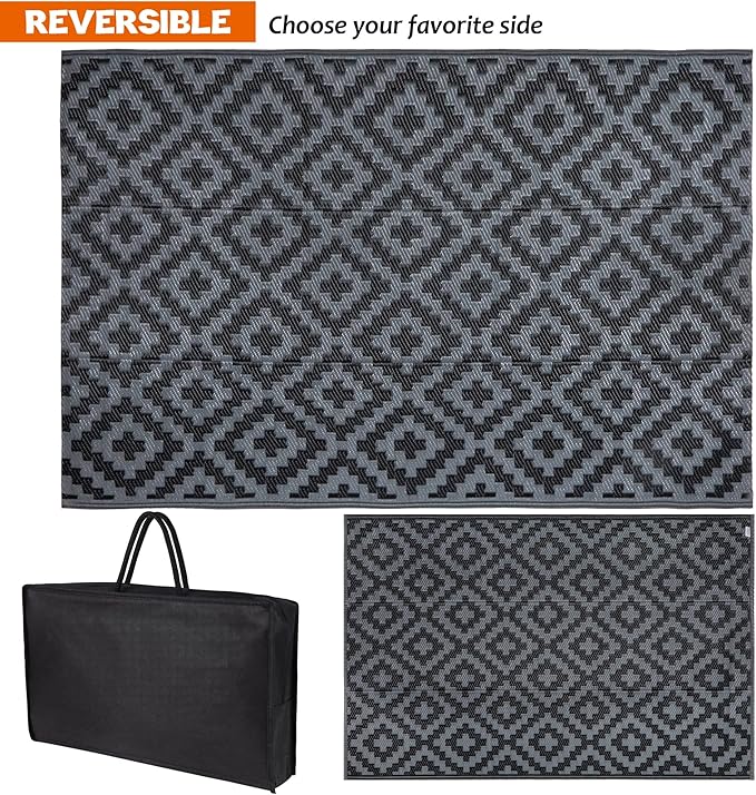 SAND MINE Waterproof Outdoor Rug 4x6 ft, Reversible Mats, Modern Area Rug, Large Floor Mat and Rug for Outdoors, RV, Patio, Backyard, Deck, Picnic, Beach, Trailer, Camping, Black & Grey Lattice