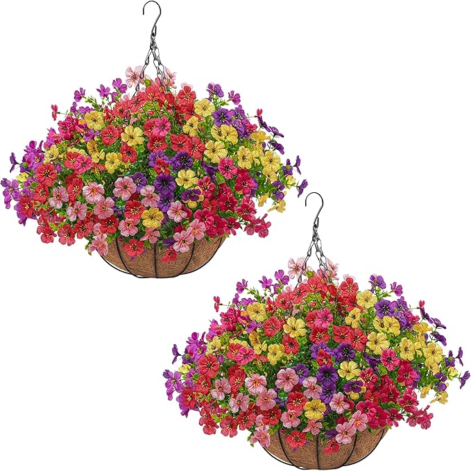 2 Set Artificial Faux Hanging Plants Flowers Basket for Outdoors Spring Summer Decoration, 2 Hanging Planters with 24pcs Fake Silk Flowers UV Resistant for Outside Porch Patio Garden Home 6 Multicolor