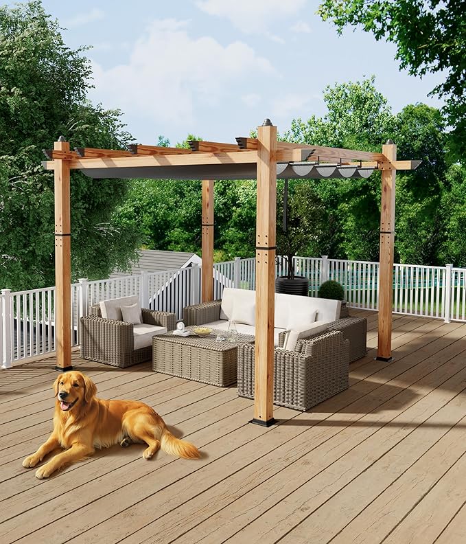 GarveeLife 10 x 10 ft Wood-Grain Aluminum Pergola Outdoor Pergola with Retractable Canopy Sun Shade Shelter for Garde Patio Backyard Deck - Gray