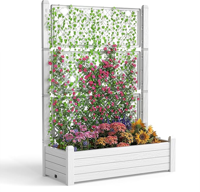 EasyUp Raised Garden Bed with Trellis for Climbing Plants, Outdoor Herb Planter Box with Drainage Plug & Water Gauge, Durable Resin for Patio, Balcony, Yard, Dust-Proof Garden Planter