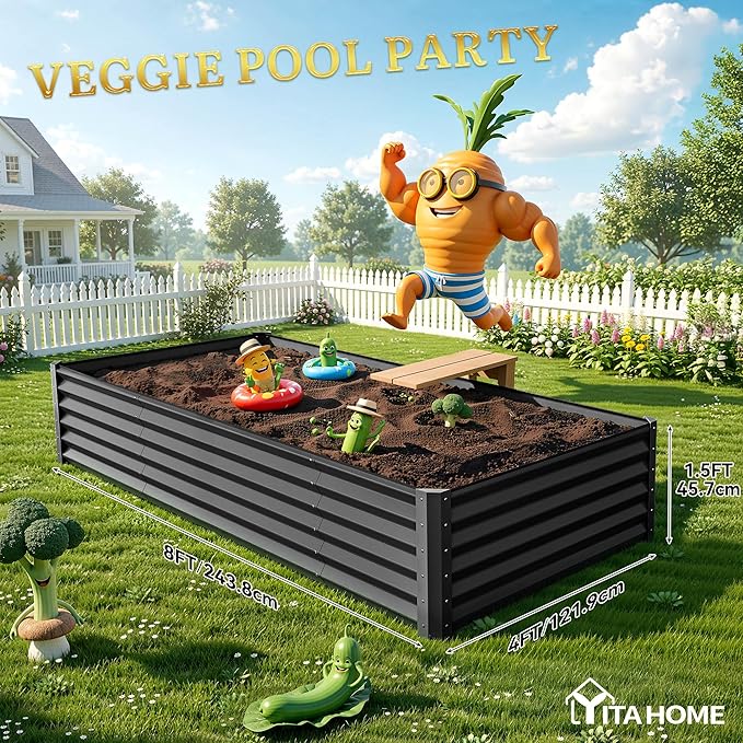 YITAHOME 8x4x1.5ft Large Raised Garden Bed Kit, Galvanized Metal Planter Box with Gloves, Ground Nails & Safety Rubber, Outdoor Above Ground Planters for Plants Vegetables Flowers, Black