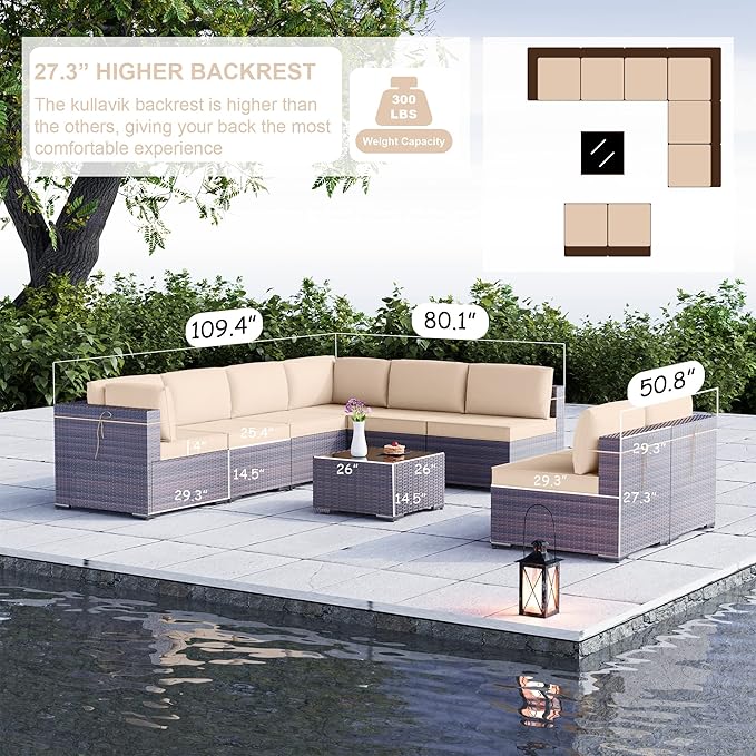 Kullavik 9 Pieces Outdoor Patio Furniture Set PE Wicker Rattan Sectional Sofa Patio Conversation Sets,Sand
