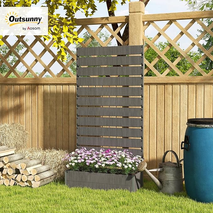 Outsunny Raised Garden Bed with Trellis for Climbing Plants, Planter Box with Self Draining Gap, Freestanding Trellis Planter for Outdoor, Patio, Deck, 35.75" x 15" x 70.75", Dark Gray