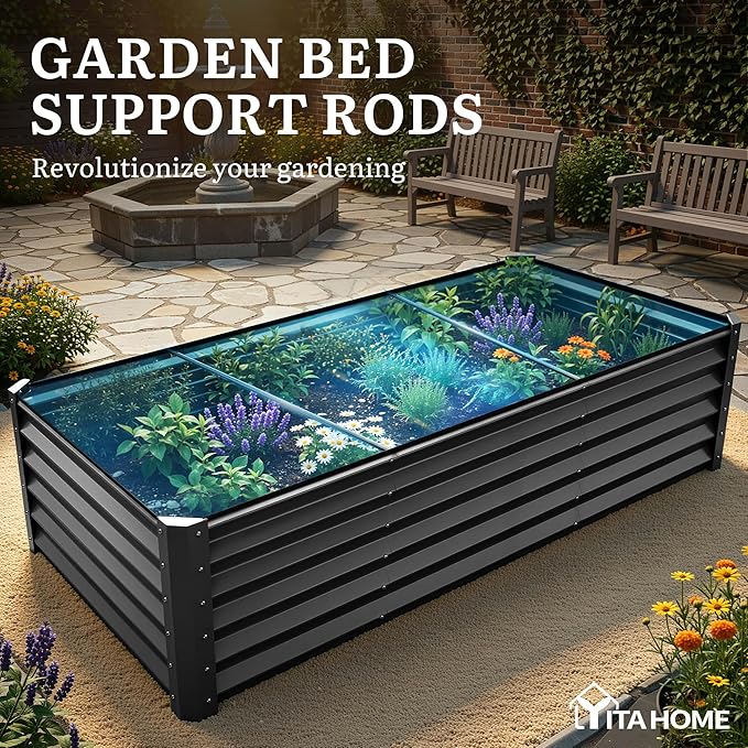 YITAHOME 8x4x1.5ft Large Raised Garden Bed Kit, Galvanized Metal Planter Box with Gloves, Ground Nails & Safety Rubber, Outdoor Above Ground Planters for Plants Vegetables Flowers, Black