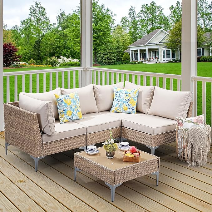 5-Piece Patio Furniture Set, Outdoor Wicker Sectional Sofa with Coffee Table, Anti-Slip & Thick All-Weather Cushions for Party, Garden, Backyard, Beige