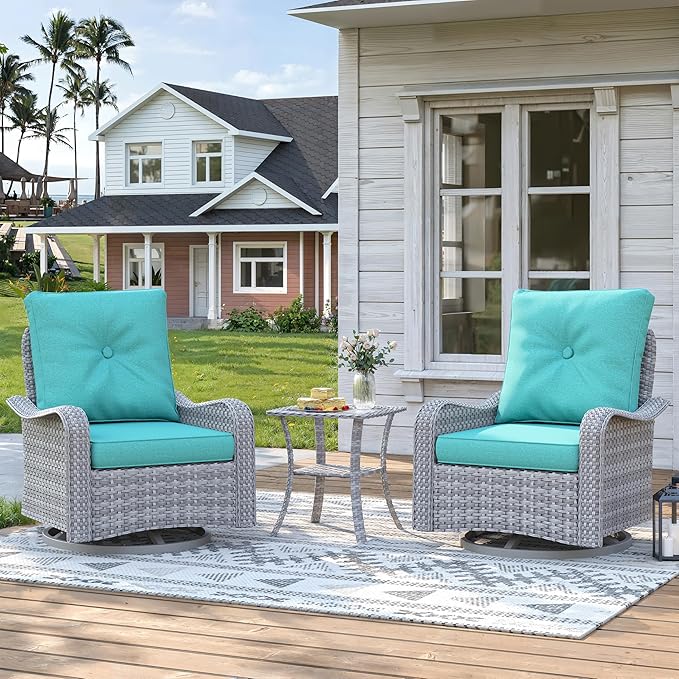 2-Seat Modern Patio Furniture Set with Swivel Rocking Chairs, Thick 4″ Cushions, Dual-Strand Wicker Rattan, Rust-Resistant Steel Frame – Outdoor Conversation & Modular Sectional,Blue