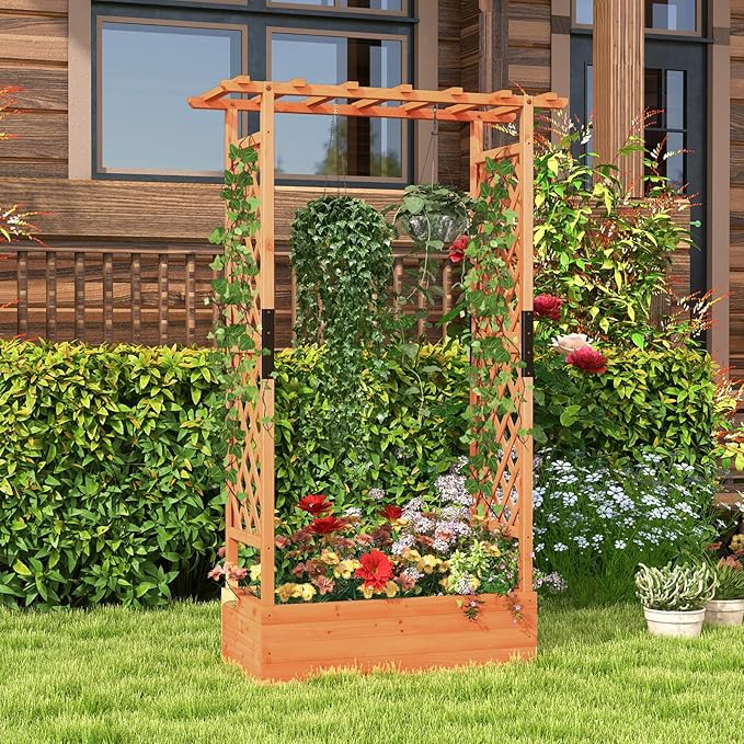 Giantex Raised Garden Bed with Trellis & Hanging Roof, Wood Planter Box with Bottom and Drainage Holes, Freestanding Garden Planter for Flower Vegetable Fruit Herb Climbing Vines, 43.5"x17.5"x72"