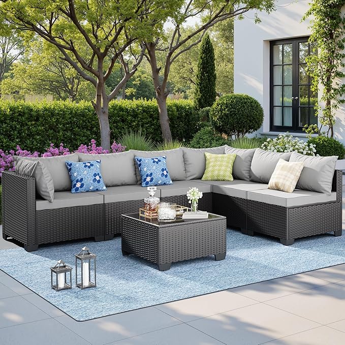 Skyfish 7 Pieces Patio Furniture Sofa - Outdoor Sectional Wicker Rattan Furniture with Cushion and Glass Table Patio Conversation Sets for Porch Poolside Backyard Outdoor Sofa Set Modular Sofa