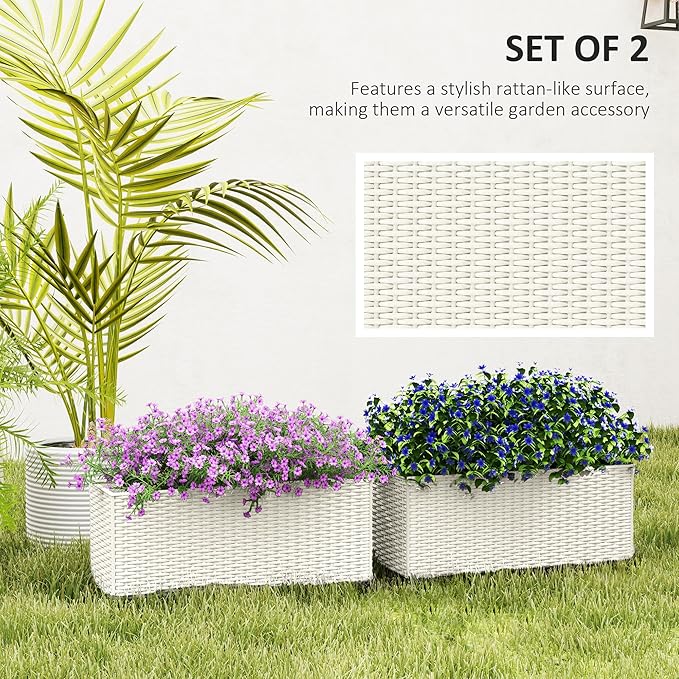 Outsunny Railing Planter Box (2 Pack, 20 Inch), Hanging Flower Pots with Hooks, Drainage Holes for Fence, Balcony, Garden, Patio, Rattan Look, White
