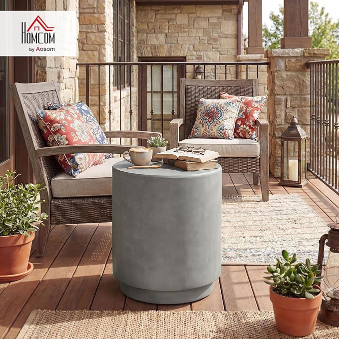 HOMCOM Outdoor Side Table, Round Small End Table with Concrete Finish for Indoor, Patio, Backyard, Pool, Porch, Garden, Lawn, Light Gray