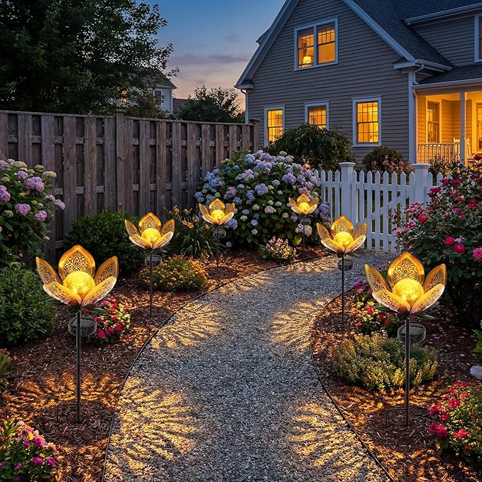 6 Pack Solar Stake Lights Outdoor Decorative Metal Ground Pathway LED Stake Lights Replacement Stakes Built-in Rechargeable Battery for Lawn Patio Yard Outdoor Garden Decor