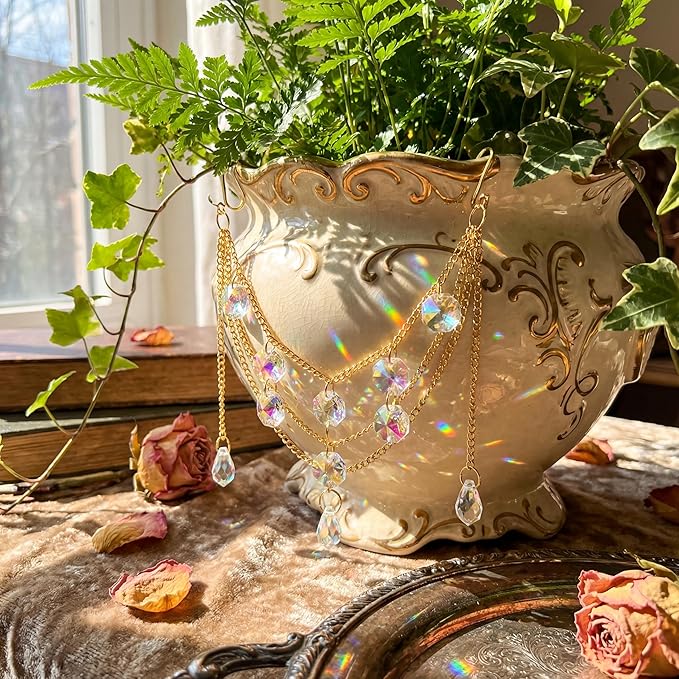 Sun Catcher Plant Hanger with Beads and Glass Crystal Beaded Plant Accessories for Indoor Home Rainbow Decor Pot Accessory(Flower Pot Not Included)(Teardrop)