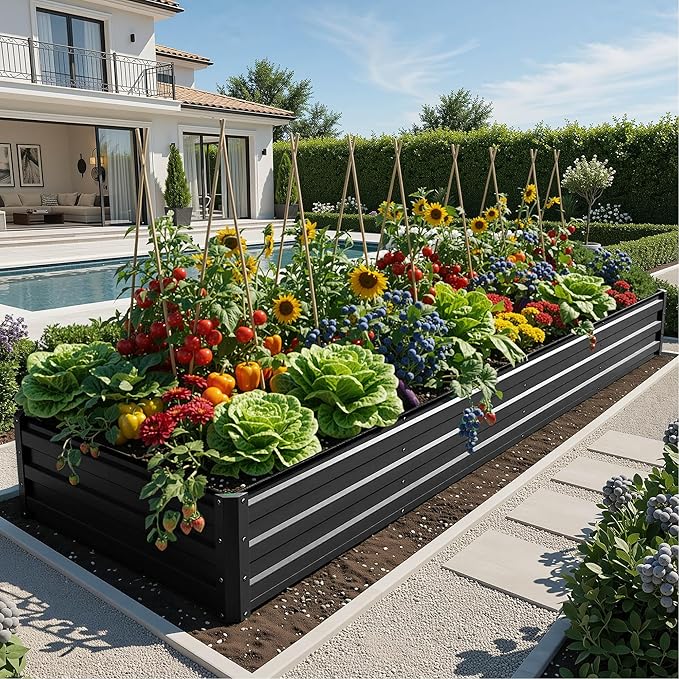 YITAHOME 12x4x1ft 2pcs Large Raised Garden Bed Kit, Galvanized Metal Planter Box with Gloves, Ground Nails, Support Rod, Outdoor Above Ground Planters for Plants Vegetables Flowers, Black