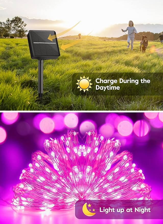 Minetom Solar String Lights for Outside, 2 Packs Total 66Ft 200 LED Outdoor Solar Fairy Lights, 8 Modes Balcony Lights for Tree Patio Christmas Party Wedding Decor (Pink)
