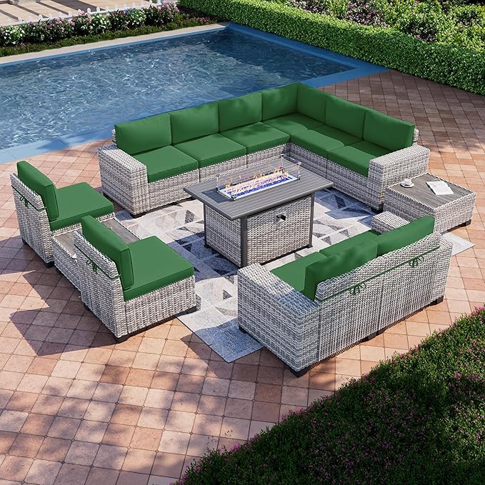 13-Piece Outdoor Patio Furniture Set with 55,000 BTU Fire Pit Table, PE Wicker Rattan Sectional Sofa Patio Conversation Set with Coffee Table, Green