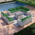 13-Piece Outdoor Patio Furniture Set with 55,000 BTU Fire Pit Table, PE Wicker Rattan Sectional Sofa Patio Conversation Set with Coffee Table, Green
