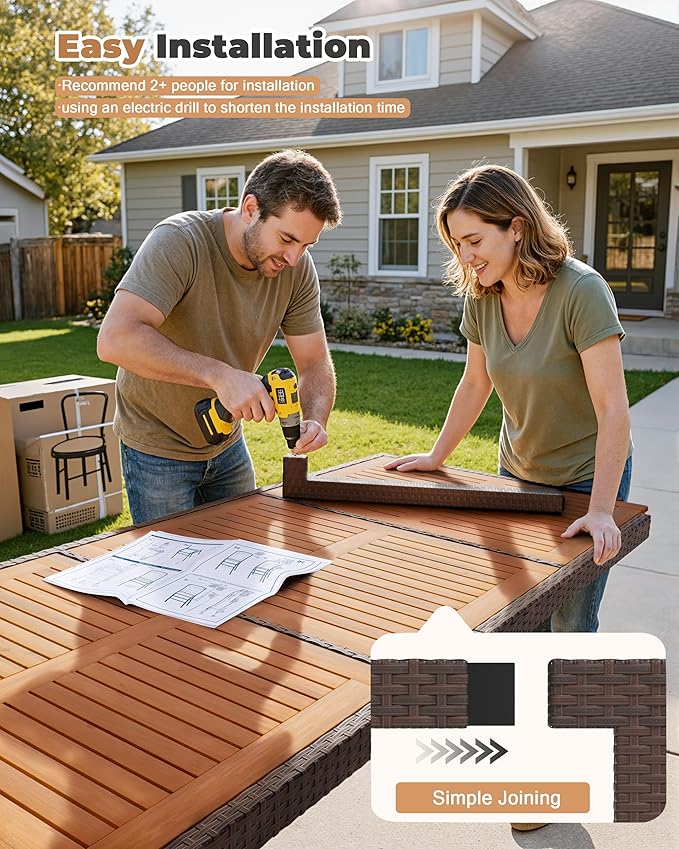 Flamaker 9 Piece Patio Dining Set Outdoor Acacia Wood Table and Chairs with Soft Cushions Wicker Patio Furniture for Deck, Backyard, Garden (Brown)