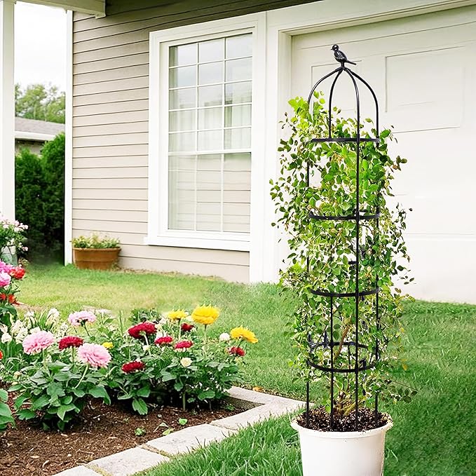 6FT Garden Obelisk Trellis for Climbing Plants,Adjustable 4-Tier Metal Plant Support,Rustproof Outdoor Plant Tower with 3 Decorative Tops for Roses,Tomatoes,Clematis & Vines,Black