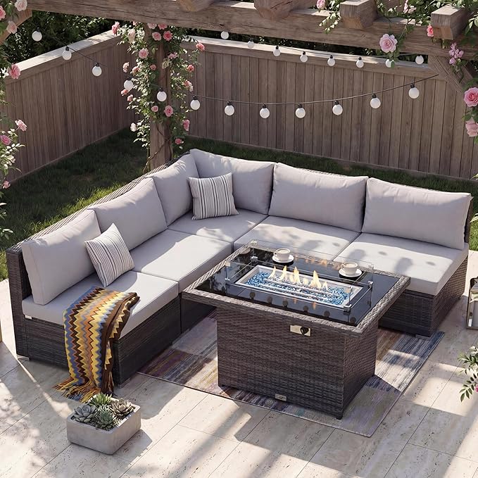 Nicesoul 6 Piece L Shaped Outdoor Patio Set with Firepit Table Natural Gas & Propane Convertible, 29.3'' High-Back Rattan Sectional Sofa, All Weather Deep Seats XL Large Conversation for Outside, Grey