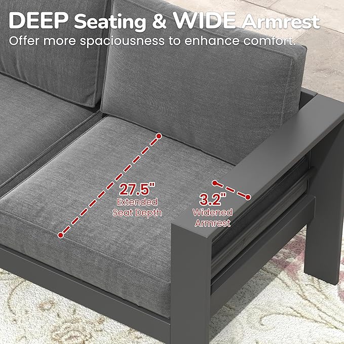 Solaste Outdoor Couch Aluminum Patio Furniture Sofa, 3-Seat All-Weather Metal Outdoor Patio Furniture with Cushions,Dark Grey