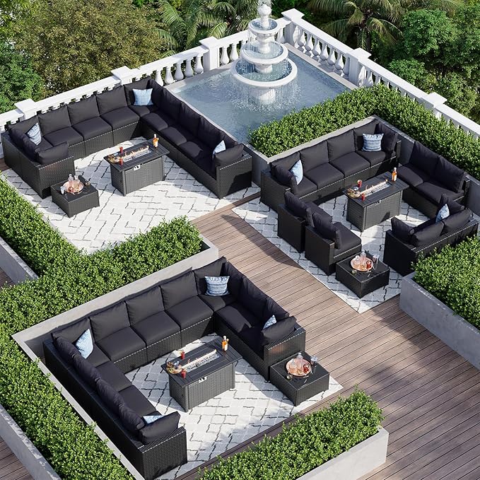 Aoxun 15 Piece Patio Furniture Set with 44” Fire Pit Table Wicker Rattan Patio Sectional Sofa Set Outdoor Seating Furniture with Thickened Cushion, Black