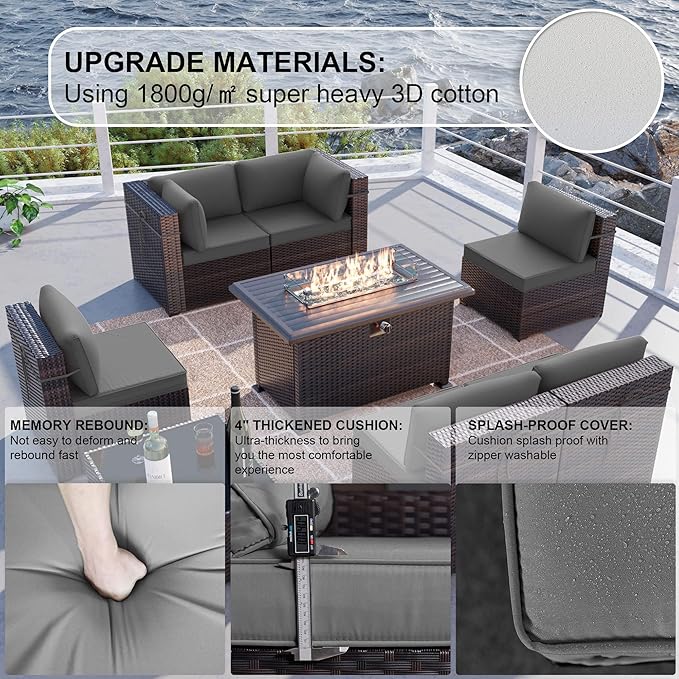 Kullavik 8 Pieces Outdoor Patio Furniture Set with 43" 55000BTU Gas Propane Fire Pit Table PE Wicker Rattan Sectional Sofa Patio Conversation Sets,Grey