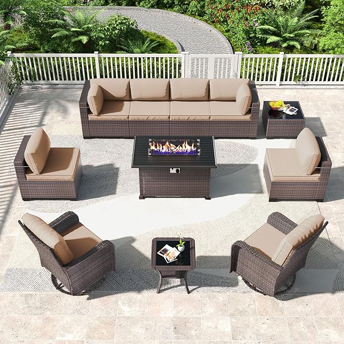Kullavik 11 Pieces Outdoor Patio Furniture Set,PE Wicker Rattan Sectional Sofa Patio Conversation Sets with 43" 55000BTU Gas Propane Fire Pit Table,Swivel Rocking Chairs Set,Sand
