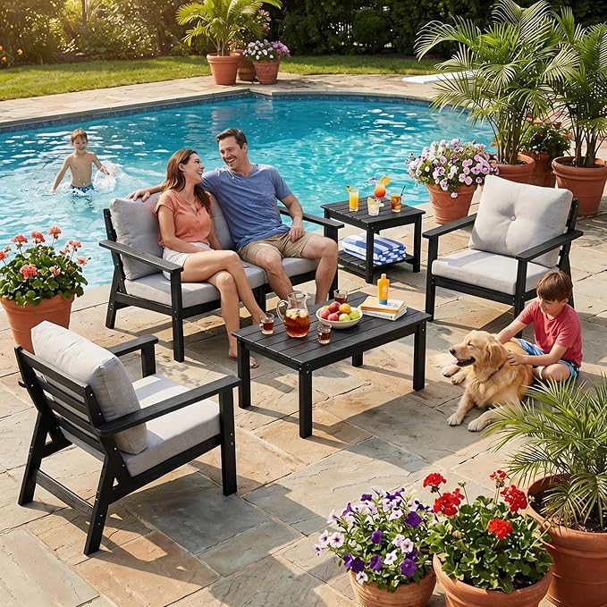 6-Piece HDPE Patio Furniture Set, Outdoor Sectional Sofa Set,All Weather Outdoor Couch with Dust-Free Cushions, Durable Patio Conversation Sets for Balcony, Porch, Black