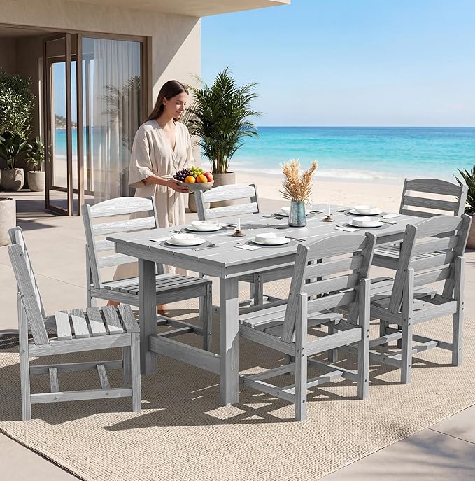 SERWALL Patio Dining Sets for 6 Person, HDPE Dining Set with 6 Armless Chairs, Light Gray