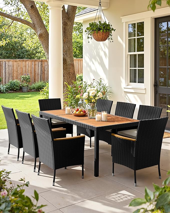 Flamaker 9 Piece Patio Dining Set Outdoor Acacia Wood Table and Chairs with Soft Cushions Wicker Patio Furniture for Deck, Backyard, Garden