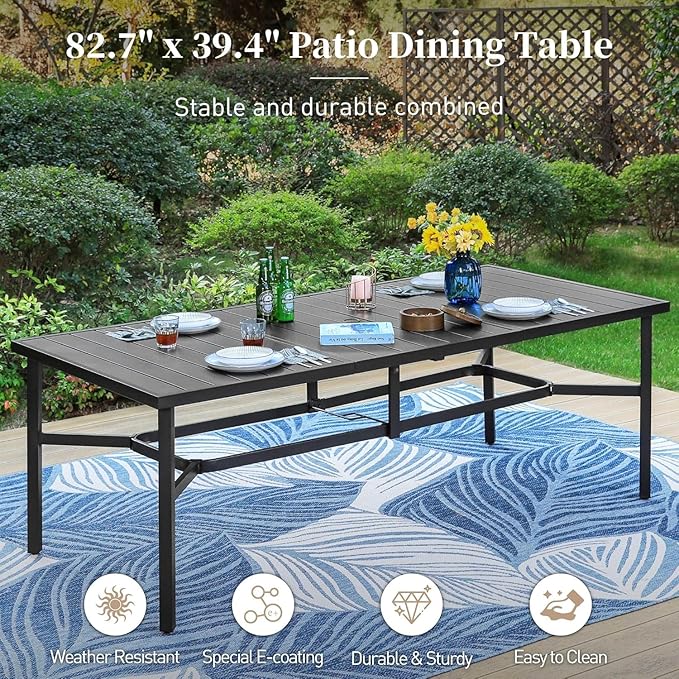 Patio Dining Set 9 Piece, 6 Woven Rattan Fixed Chairs and 2 Swivel Chairs with Waterproof Cushion, 83" Metal Rectangular Table with Umbrella Hole, Outdoor Table Set for Backyard Lawn Deck, Beige
