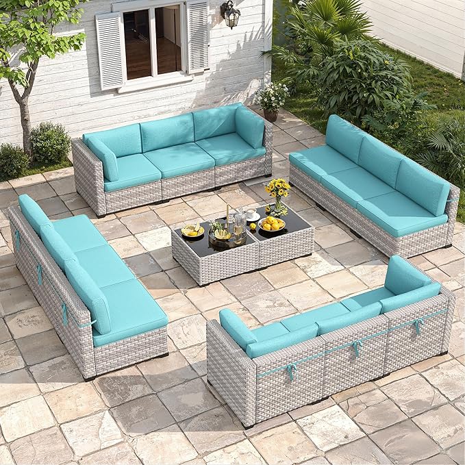 12-Seat Modular Patio Furniture Set – Outdoor Wicker Sectional Sofa with Thick 4″ Cushions, Dual-Strand PE Rattan, Rust-Resistant 18 mm Steel Frame, Backyard Garden Deck Lounge,Blue
