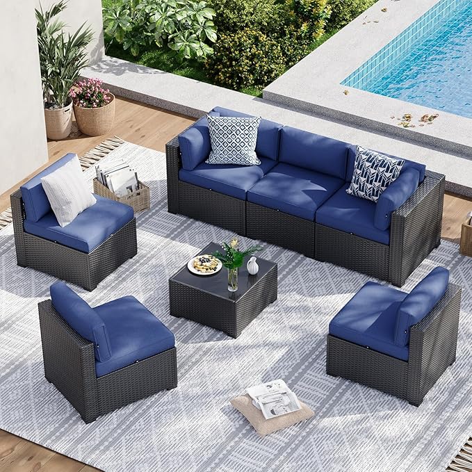 Aoxun 7 Piece Patio Furniture Set Wicker Rattan Patio Sectional Sofa Set Outdoor Seating Furniture with Thickened Cushion, Navy Blue
