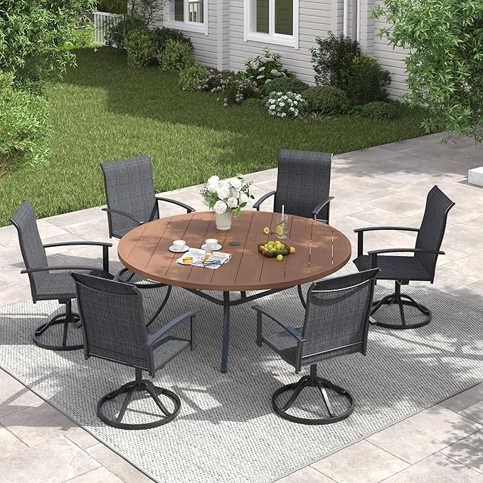 VICLLAX 63" Outdoor Round Patio Table with Umbrella Hole, All Weather Metal Round Outdoor Dining Table for Lawn Garden, 8-10 Person Table, Walnut Wood Grain