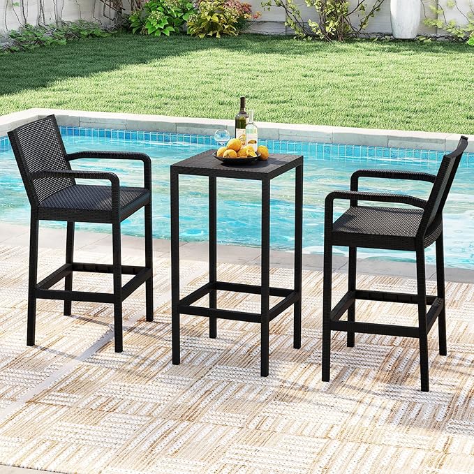 COSTWAY 3 Pieces Patio Bar Set, Modern Outdoor Bistro Set with 2 Chairs and 1 Square Bar Table, Curved Backrest and Armrests, Metal Frame, for Garden, Balcony, Poolside, Black