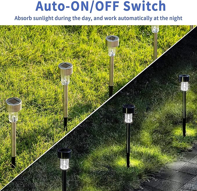 GIGALUMI Solar Pathway Lights, Stainless Steel IP44 Waterproof Auto On/Off Outdoor LED Solar Landscape Lights for Garden, Yard, Patio, Path and Walkway(12 Pack, Cold White)
