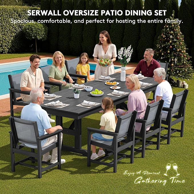 SERWALL 9 Piece Outdoor Dining Set, 84" HDPE Outdoor Large Table and Texilene Chairs for 8，All Weather Patio Dining Furniture Set with Umbrella Hole for Backyard, Garden, Black