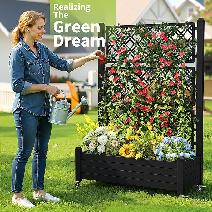 Raised Garden Bed with Trellis, 21 Gallon Self Watering Planter Box with Lockable Wheels & Drainage Holes for Climbing Plants Vegetables Flowers, Anti-Rust Resin for Backyard Patio (Black)