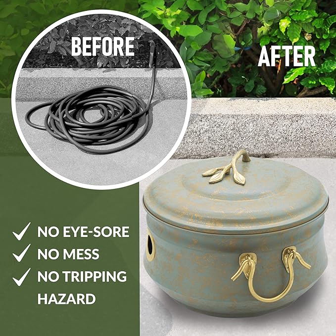 Sedona Hose Pot with Lid, Brass Accents, holds up to 100-Feet of Hose By Good Directions