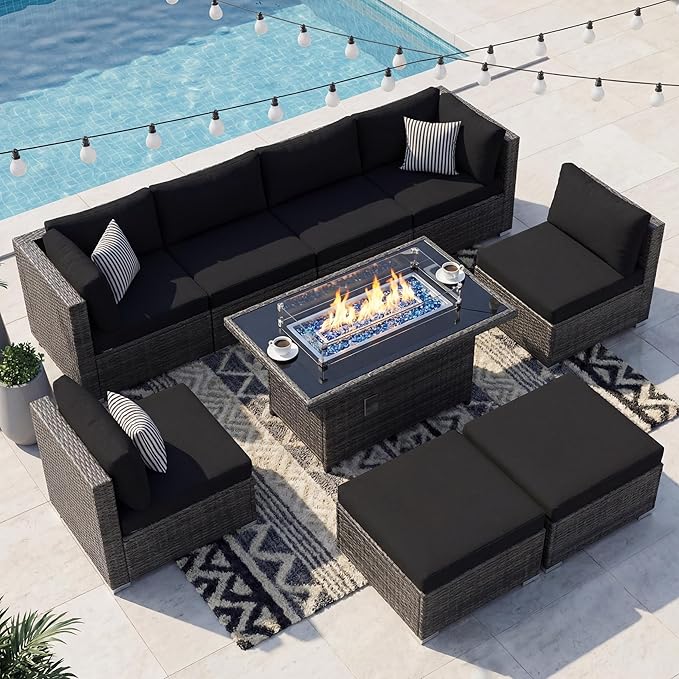 NICESOUL Large Size 9 Piece Patio Conversation Set with Fire Pit Table Propane/Gas, 29.3'' High Back Outdoor Furniture Sectional Set, Heavyweight Rattan Contemporary Sofa, 2 Color Cushion Black &Gray